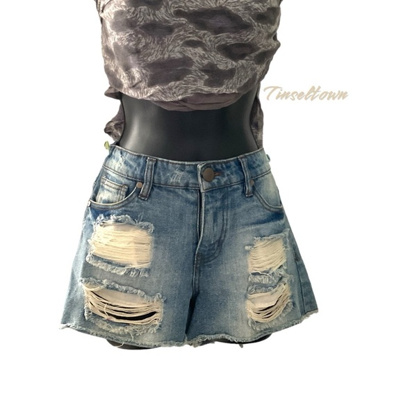Tinseltown Distressed Frayed Blue Denim Jean Short Cotton Zip Button Fly SZ 5 - Picture 1 of 6